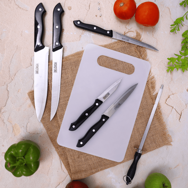 Basic Kitchen Knife Set, Stainless Steel 5 Kitchen Knives Along with Knife Sharpener (7 Pcs Set) - Souk Al RasCutlery & Flatware