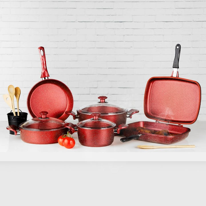 Chef Mark Granite Coated Cookware Set, Forged Aluminum & Tempered Glass 9 - Piece - Souk Al RasCookware Sets