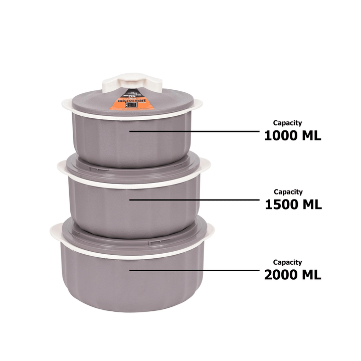 JAYPEE Micro Smart Microwave Safe Insulated Hot Pot Food Warmer Set of 3 (1L - 1.5L - 2L) in Earth Beige - Souk Al RasServeware