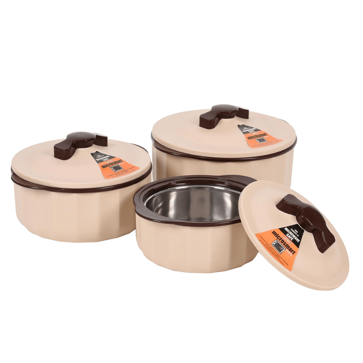 JAYPEE Micro Smart Microwave Safe Insulated Hot Pot Food Warmer Set of 3 (1L - 1.5L - 2L) in Swiss Coffee - Souk Al RasServeware