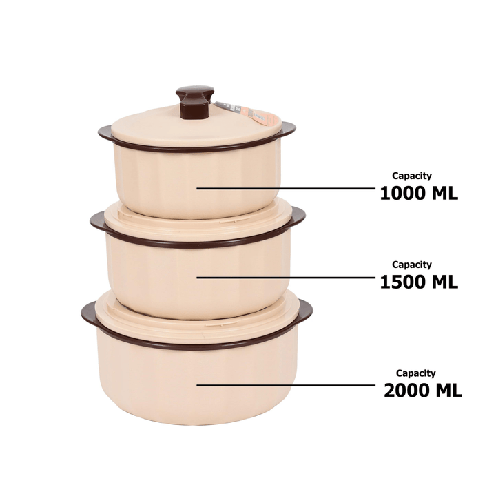 JAYPEE Micro Smart Microwave Safe Insulated Hot Pot Food Warmer Set of 3 (1L - 1.5L - 2L) in Swiss Coffee - Souk Al RasServeware