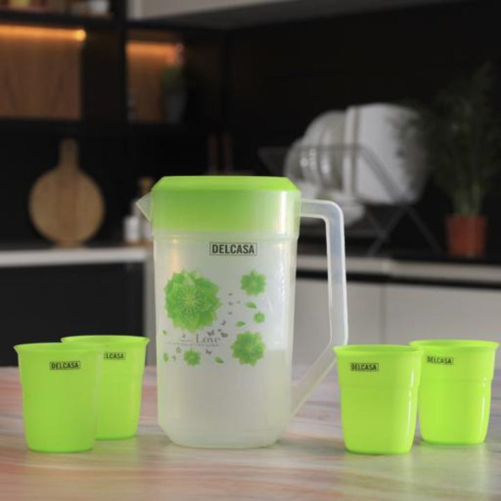 Multi - Purpose Plastic Portable Water Jug with Spill - Proof Lid and 4 Glasses 2.3L - Perfect for Household, Coffee Shop, Restaurant and Picnic Juice - Souk Al RasDrinkware