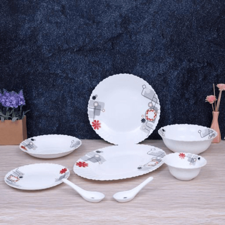 Opal Ware Dinner Set - 33PC, Floral Plates, Bowls, Spoons - Souk Al RasDinnerware Sets