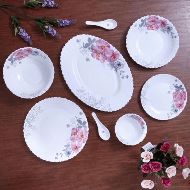 Opal Ware Dinner Set - 33pc, Floral Plates, Bowls, Spoons - Souk Al RasDinnerware Sets