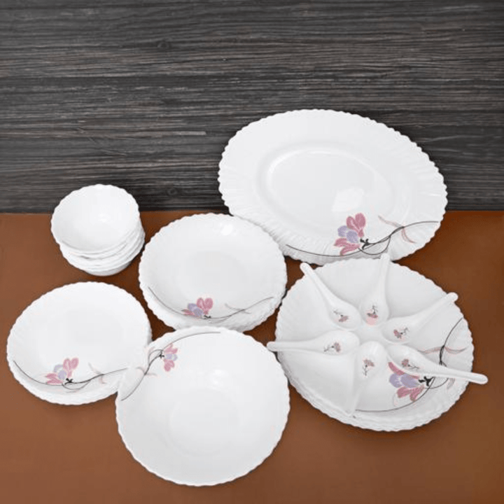 Opal Ware Dinner Set - 34pc, Floral Plates, Bowls, Spoons - Souk Al RasDinnerware Sets