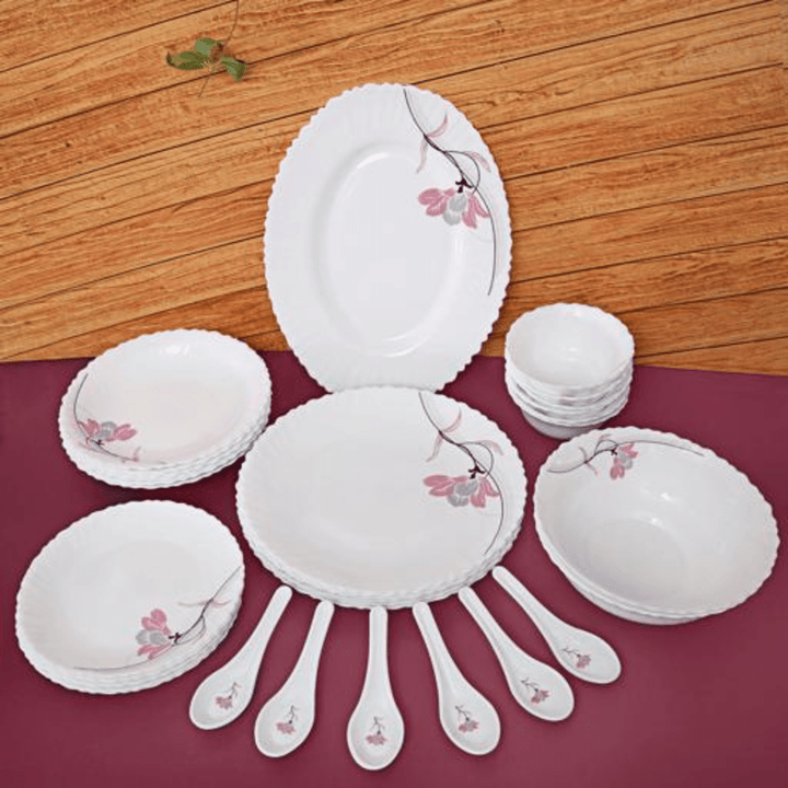 Opal Ware Dinner Set - 34pc, Floral Plates, Bowls, Spoons - Souk Al RasDinnerware Sets