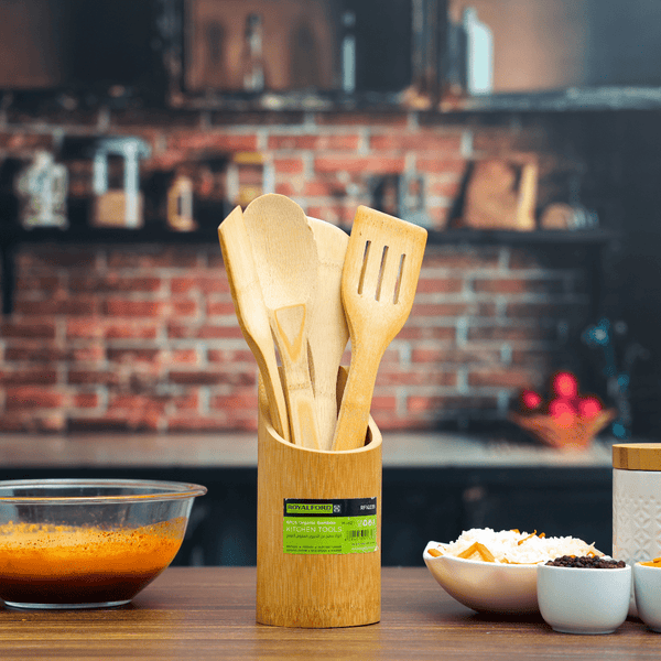 Organic Bamboo Kitchen Tools - Nonstick Utensil Set with Holder - Souk Al RasKitchen Tools