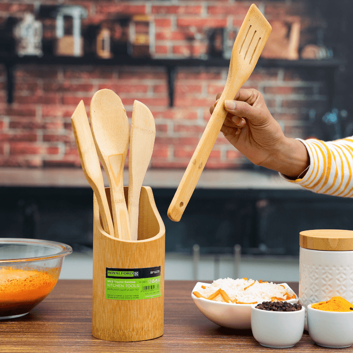 Organic Bamboo Kitchen Tools - Nonstick Utensil Set with Holder - Souk Al RasKitchen Tools