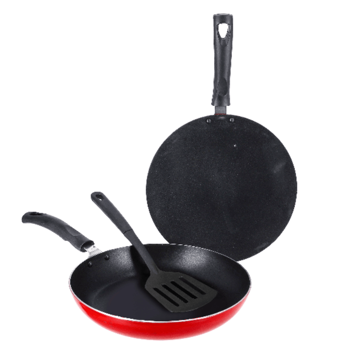 Set of Frypan and Tawa with Turner, Red and Black 3Piece - Souk Al RasKitchen Tools & Utensils