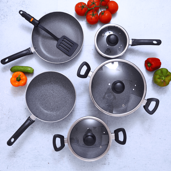 Smart Granite Coated Cookware Set, For Gas, Induction & Ceramic Hobs, 9Pcs - Souk Al RasCookware Sets