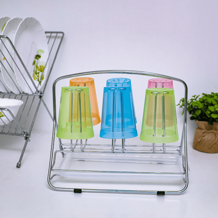 Stainless Steel Glass Rack With Tray Glass Drainer Storage Drying Rack 6PCS - Souk Al RasKitchen Accessories