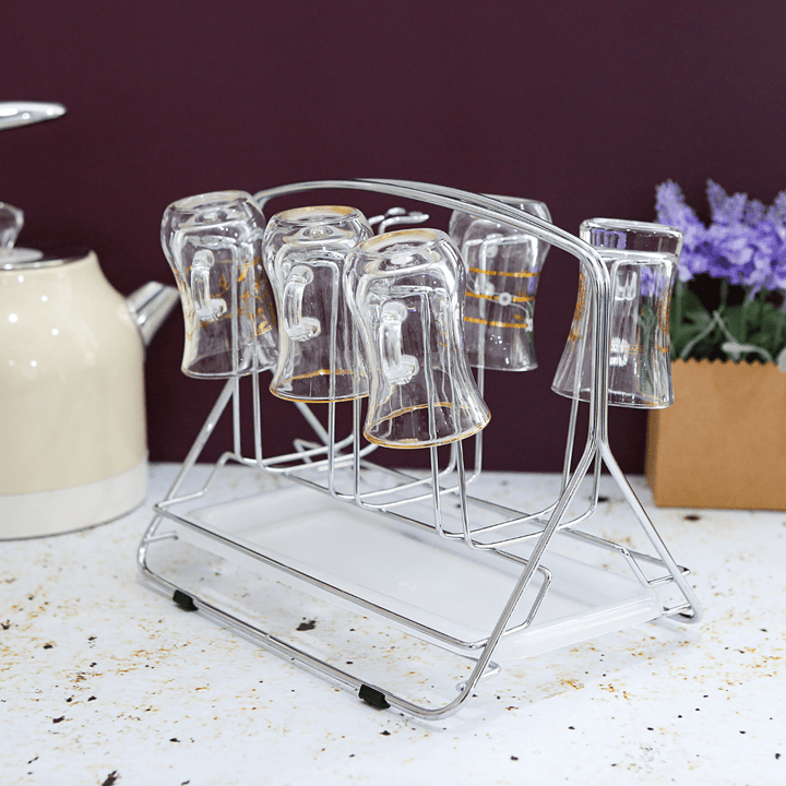 Stainless Steel Glass Rack With Tray Glass Drainer Storage Drying Rack 6PCS - Souk Al RasKitchen Accessories