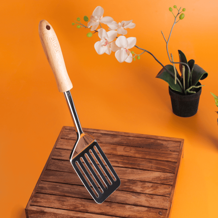 Stainless Steel Slotted Turner With Wooden Handle|premium - quality. - Souk Al RasCooking Utensils