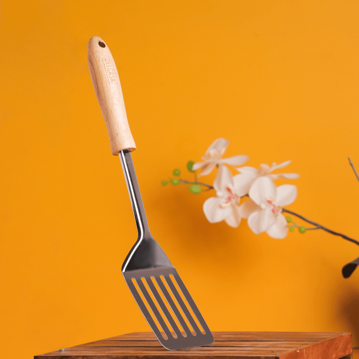 Stainless Steel Slotted Turner With Wooden Handle|premium - quality. - Souk Al RasCooking Utensils